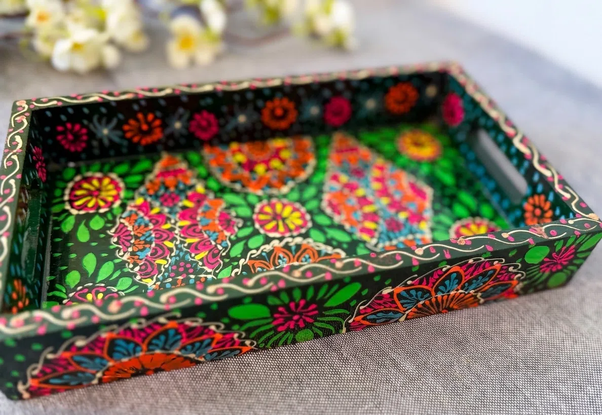 Hand Painted Boondi Truck Art Tray - Small, Green