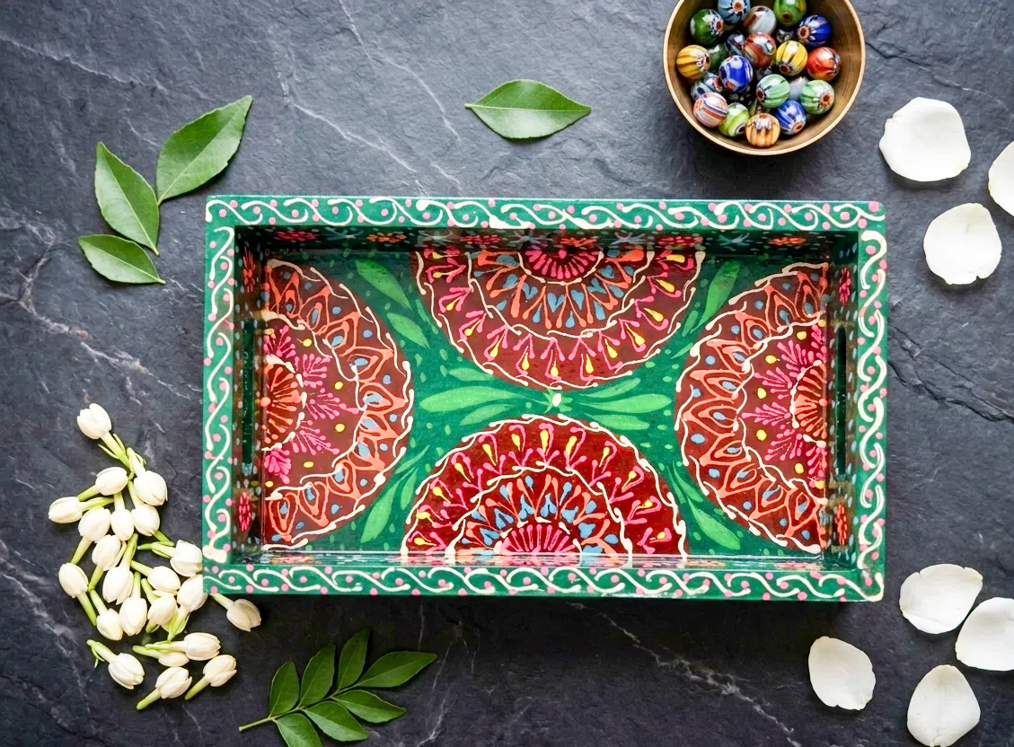 Hand Painted Boondi Truck Art Tray - Small, Green