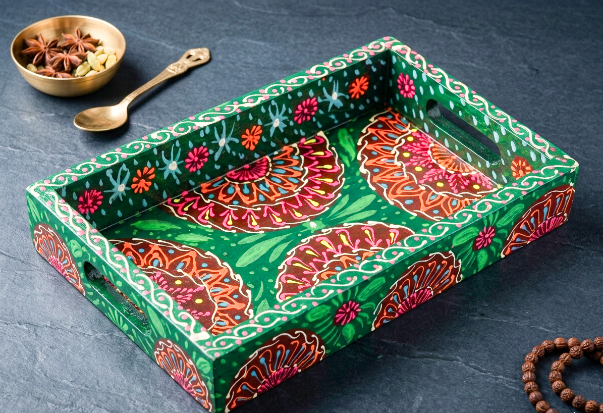Hand Painted Boondi Truck Art Tray - Small, Green - Image 2
