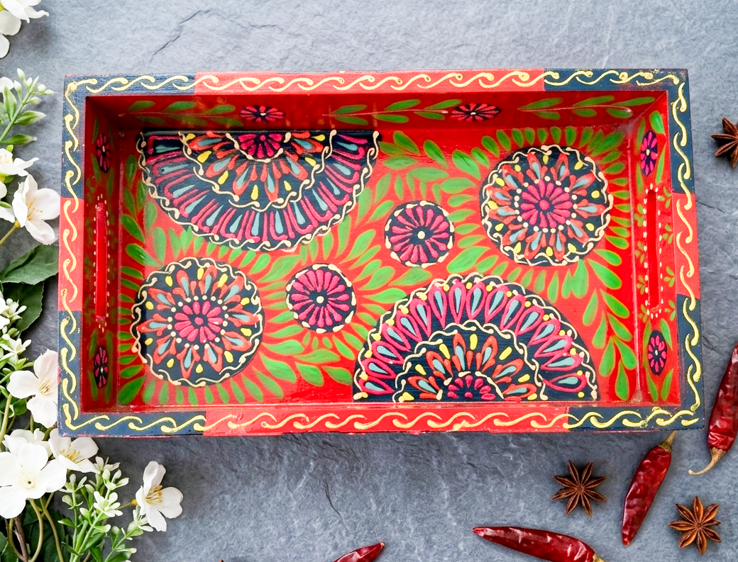 Hand Painted Boondi Truck Art Tray - Small, Red